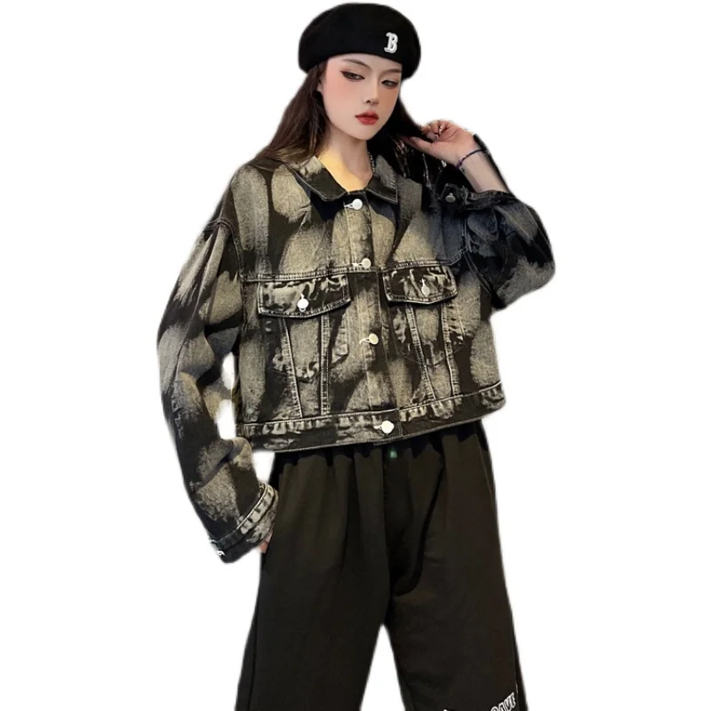 

Женская короткая куртка #9039, демисезонная однобортная Свободная джинсовая куртка, женская уличная одежда, джинсовая куртка, топы с принтом ...