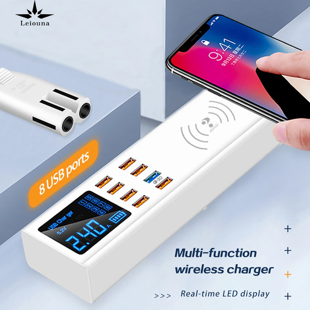 Беспроводное зарядное устройство Hewei с 8 USB портами и цифровым дисплеем 3