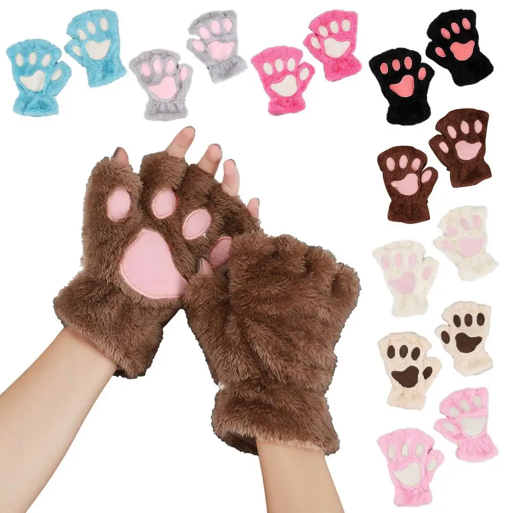 1pair Women Girls Winter Half Finger Gloves Cat Paw Warm Plush Gloves Winter Warm Fingerless Gloves Mittens