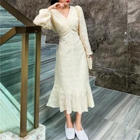 french full sleeve long trumpet dress spring warm women v neck fairy dress 2021 wedding party evening one piece clothing ladies