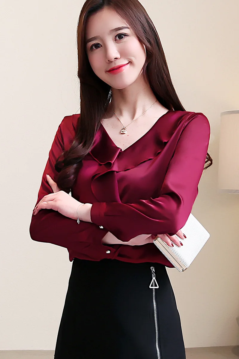 

2019 Autumn New Arrival Elegant V Collar Ruffles Long Sleeve Woman Satin Blouse High Quality Plus Size S-3XL
