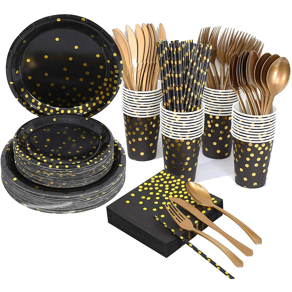 

Wedding Birthday party Black Bronzing gold dots disposable tableware for birthday party decor kids baby shower party supplies