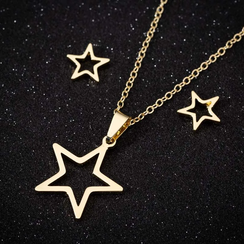 FENGLI Stainless Steel Star Necklace Women Jewelry Sets Bijoux Delicate Geometric Pendants Small Stud Earrings Accessories | Украшения и
