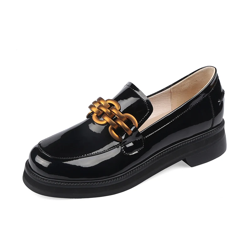 

Spring Summer Black Casual Women Shoe Platform Fashion Patent Leather Platform Shoe Woman Round Toe Metal Decoration Ladies Shoe