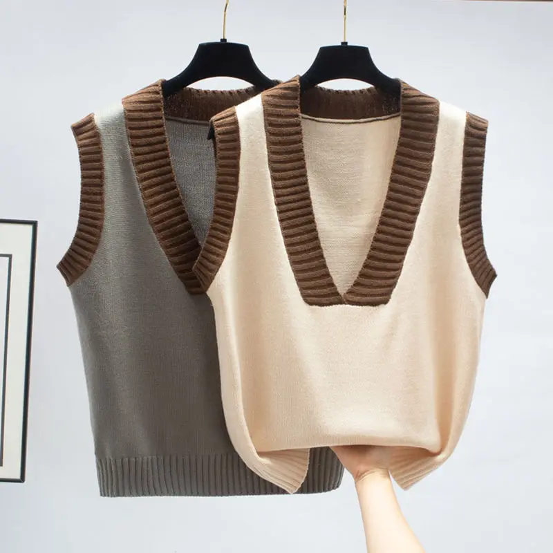 2020 spring and autumn v-neck knitted vest women wear retro new Korean loose student wild sleeveless sweater | Женская одежда