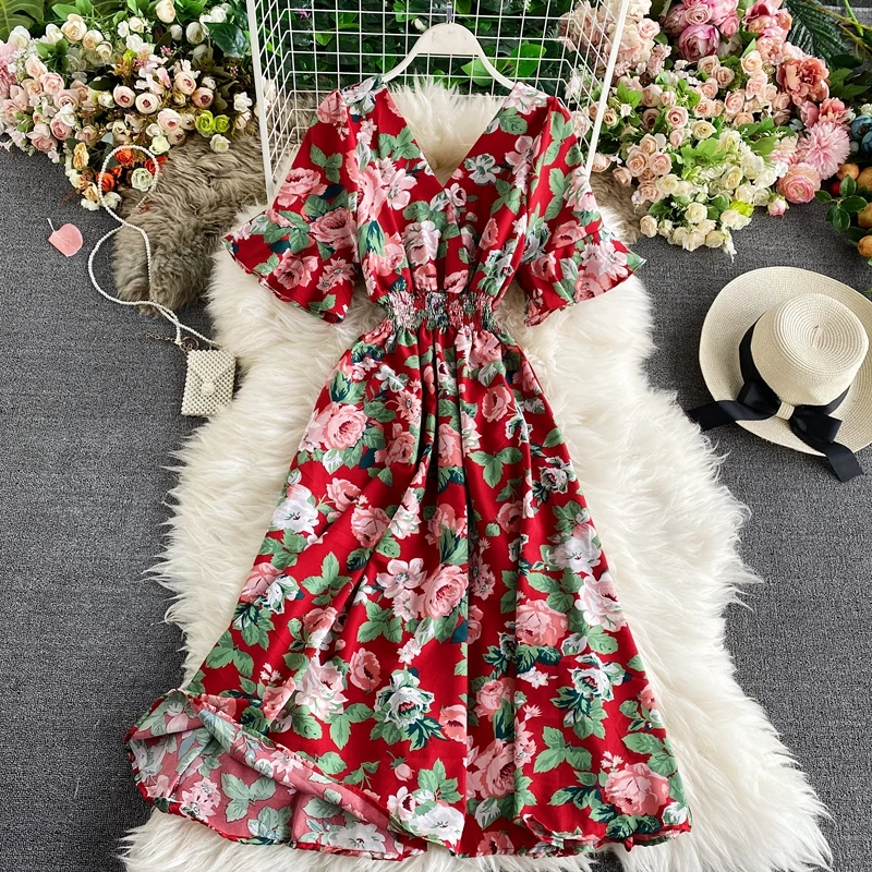 

2021 New Summer Women Sexy V-Neck Speaker Sleeve Elastic Slim Long Dress Vacation Style Sweet Floral Chiffon Dress