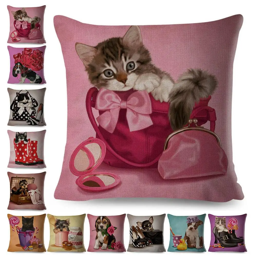 Съемная льняная подушка 45x45 см с милыми собаками/кошками|Наволочка| |