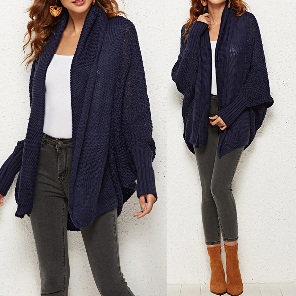 

Knitted Poncho Cape Coat Women Batwing Sleeve Cardigan Solid Sweater Hipster Irregular Lapel Sweater Cardigan Oversized Turndown