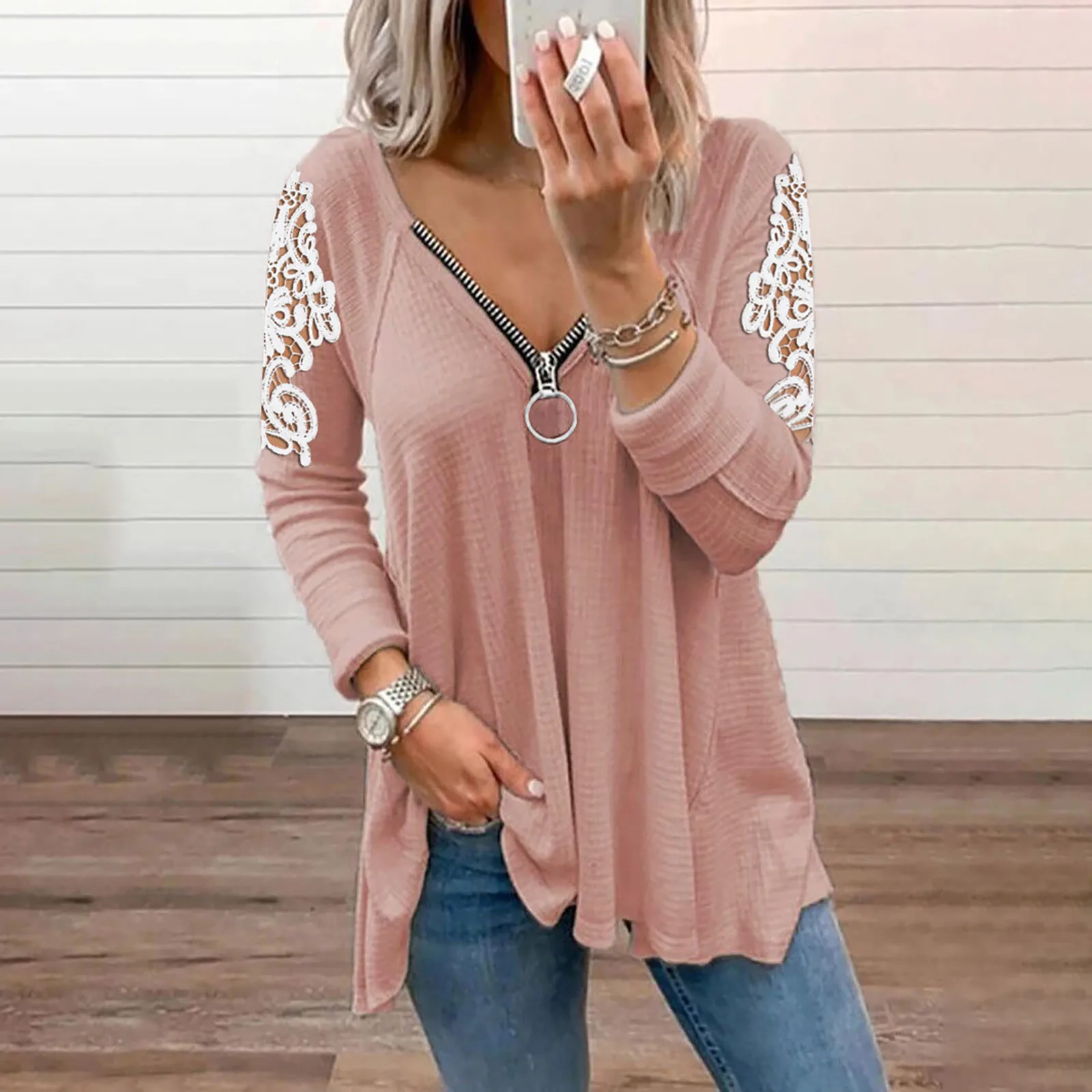 

Lace Patchwork Blouse women V-neck Zipper Long Sleeve Top Elegant Casual Shirts Long Sleeve Solid Color Top