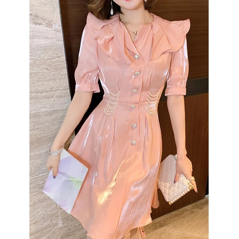 

Women's summer tight-fitting heavy craft beaded diamond buckle satin dress 2020New ladies summer office fashion pleated dress XL