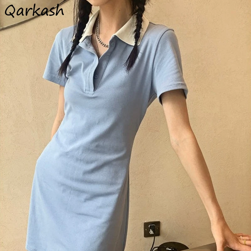 

Women Dress Summer Tee-dress Turn Down Collar All-match Preppy Style Students Slender Sexy New Fashion Vintage Streetwear Simple