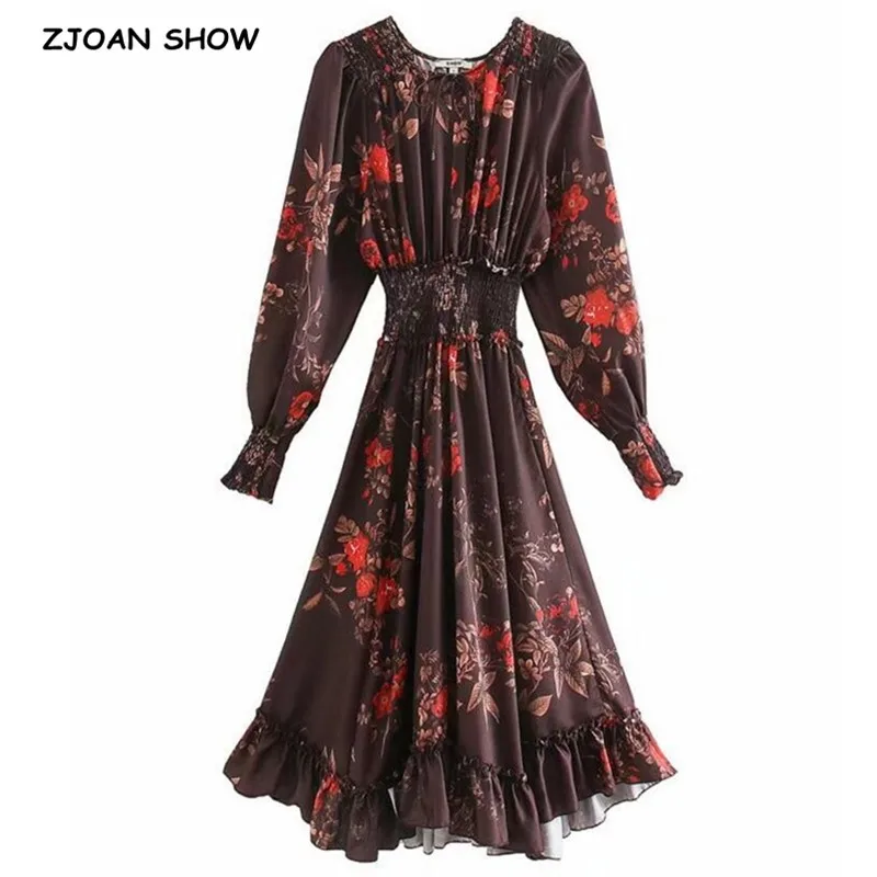 Женское винтажное платье с длинным рукавом длинное поясом на резинке и оборками