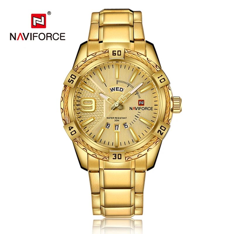 NAVIFORCE Роскошные Брендовые мужские спортивные часы золотые полностью Стальные кварцевые часы мужские водонепроницаемые военные часы мужские часы relogio masculino