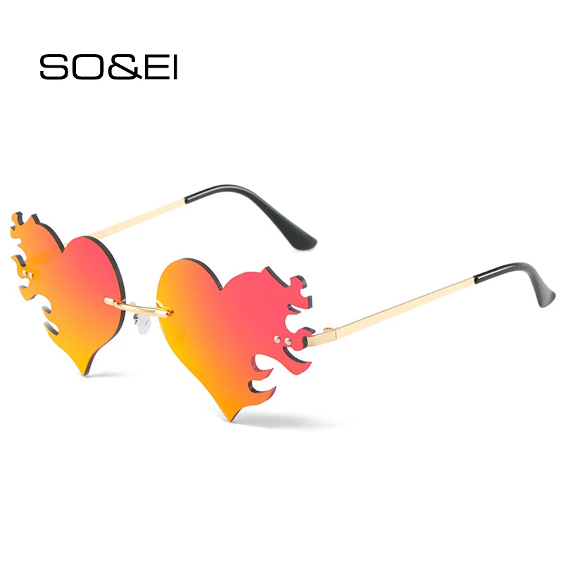 SO&EI Fashion Unique Love Heart Flame Shape Women Sunglasses Clear Ocean Mirror Lens Shades UV400 Retro Rimless Men Sun Glasses