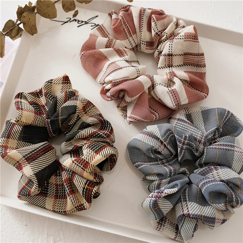 

Retro Plaid Scrunchies For Girls Geometric Chiffon Hair Rope Ponytail Holder Hair Ties Simple All-match Elastic Hair Rubber Band