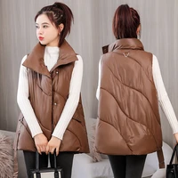 2021 womens sleeveless winter jacket glossy stand collar coat casual solid warm cotton padded vest female loose short waistcoat
