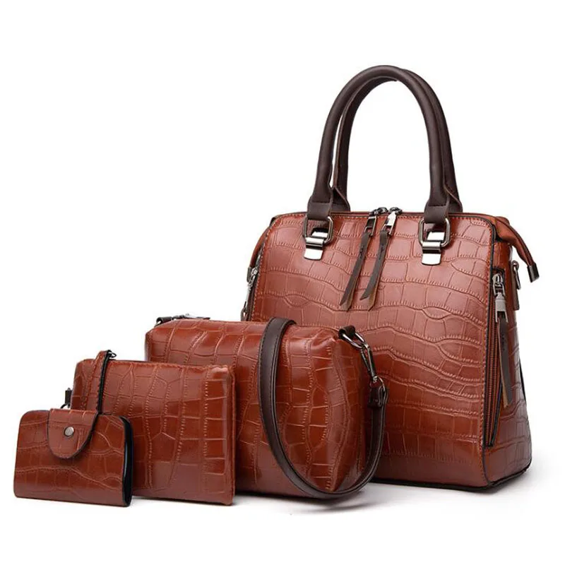 4Pcs Women Pattern Leather Handbag+Crossbody Bag+Messenger Bag+Card Package solid zipper Ladies Solid handbags set bolso mujer | Багаж и