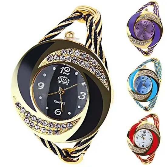 Модные женские часы спиральные круглые стразы Браслет оплетка манжета