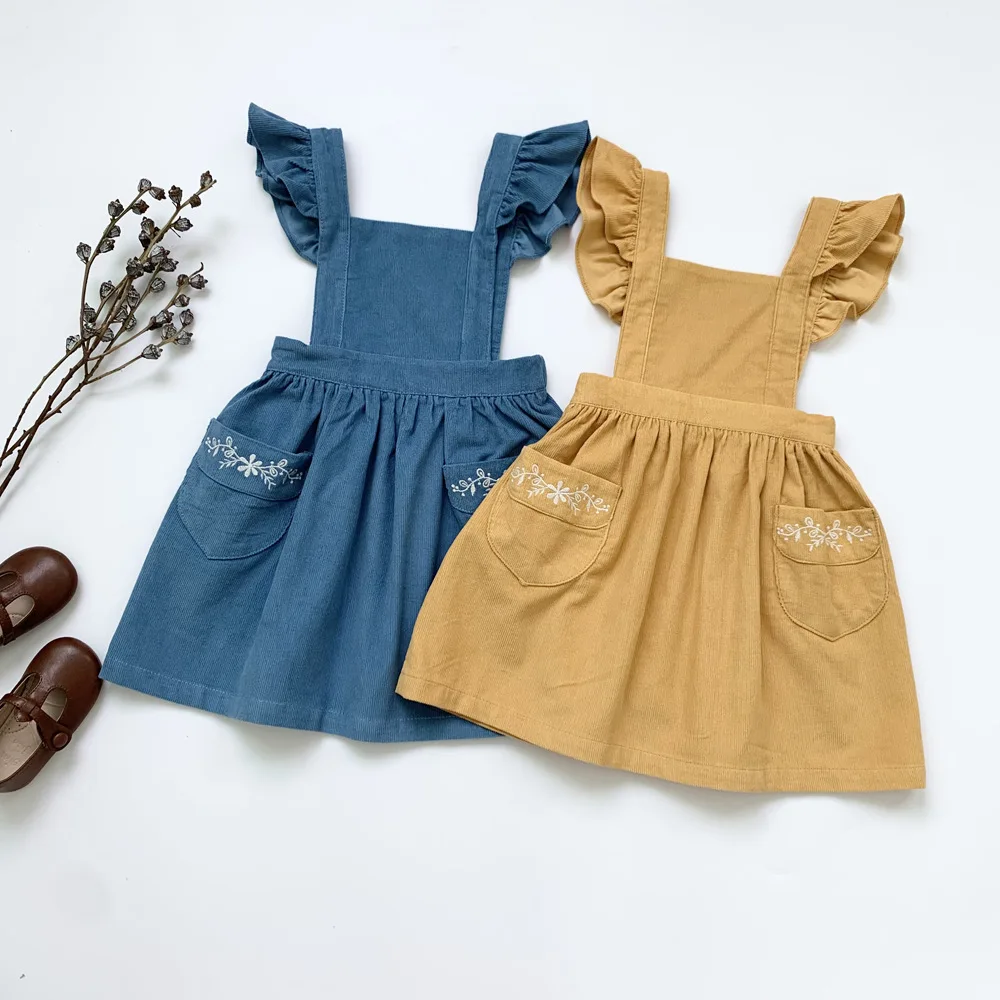 

New Arrival 2021 Sleeveless Corduroy Cotton Clothes Jumper Fashion European Style Baby Kids Embroidery Clothes Girls Dress 2-7Y