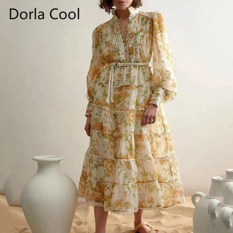 

High Street Women Midi Long Dress Florals Printed Boho Buttons Lace Patchwork Dresses Two Pieces Collection Sashes Chic Vestidos