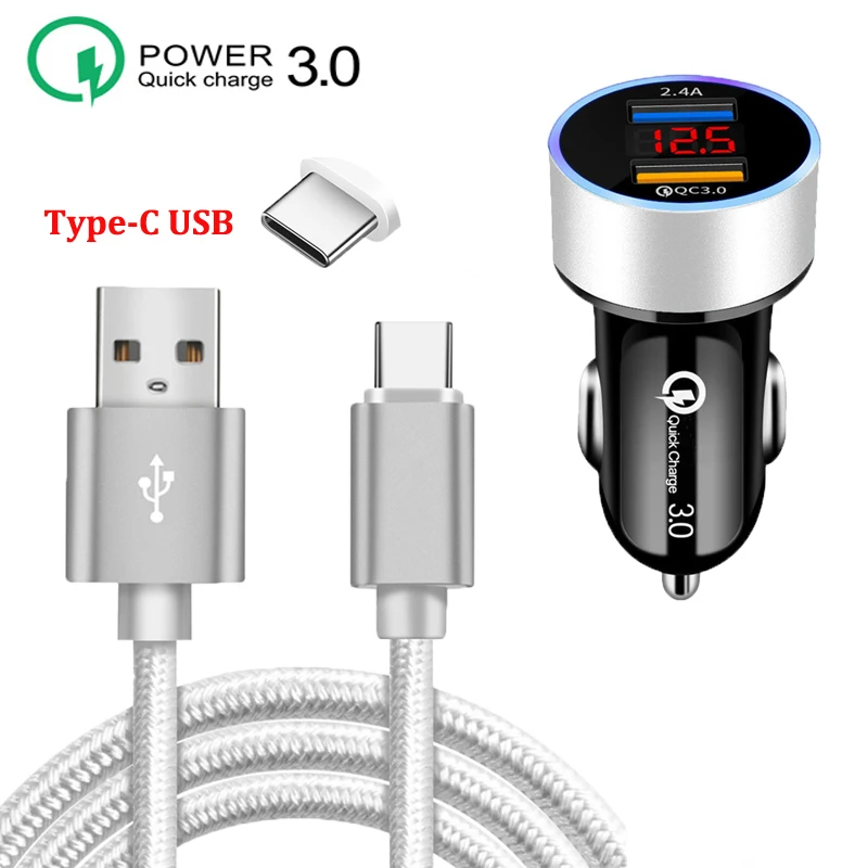 

Fast Car Charger Quick Charge 3.0 Dual USB LED Phone Charger For Samsung A51 A71 A50 A70 A40 A30 A21S Type-c USB Charging Cable