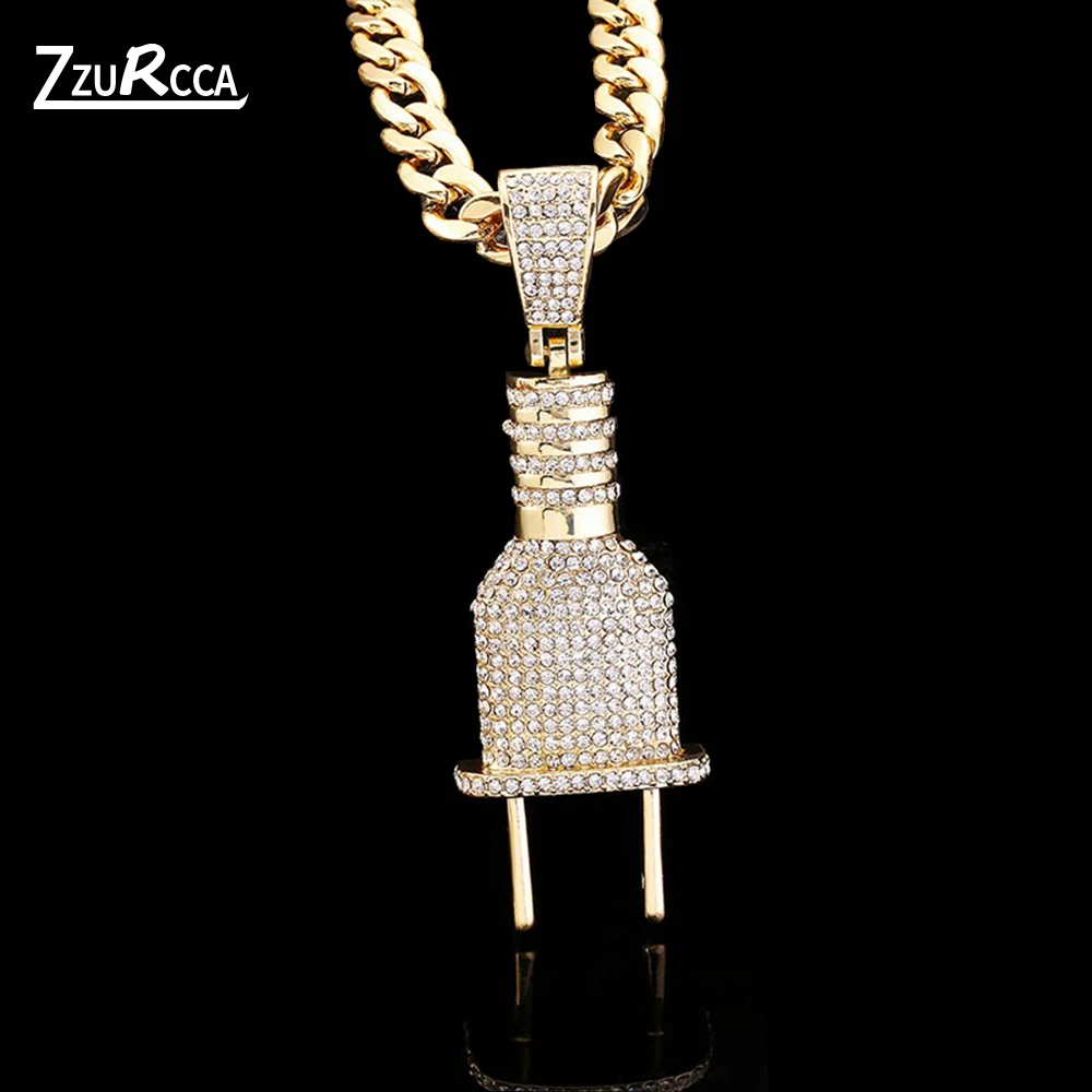 

Iced Out Plug Pendant Necklace Gold Chain Bling Crystal Necklaces for Women Men Jewelry-accessories collar hombre