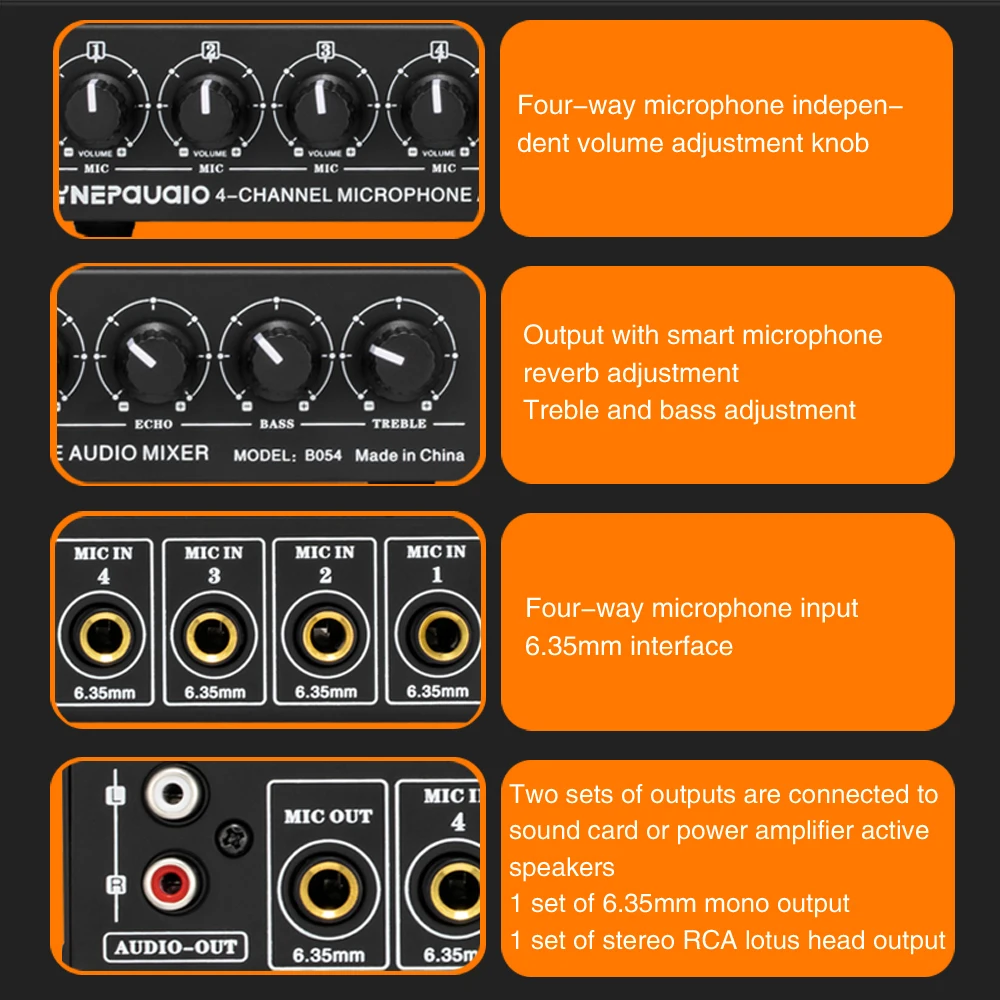 

4-Channel Microphone Mixer Support Stereo Output Mini Audio Mixer with Reverb Treble and Bass Adjustment Musical Instruments