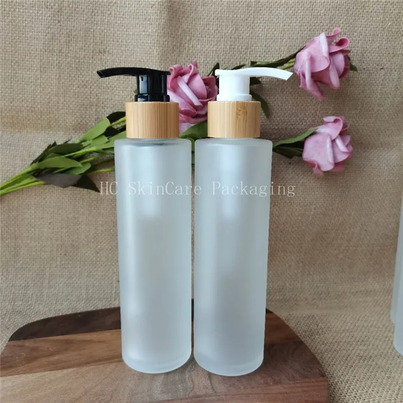 Wholesale Empty Bottles 150ml White/Black Bamboo Cap Lid Lotion Pump Glass Bottles Luxury Cosmetic Container Packaging