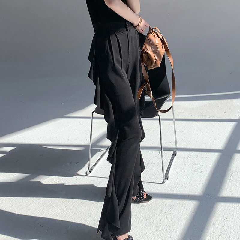 

TWOTWINSTYLE Patchwork Ruffle Pants For Femael High Waist Loose Wide Leg Straight Leg Pure Color Women's Casual Pant New Fashion