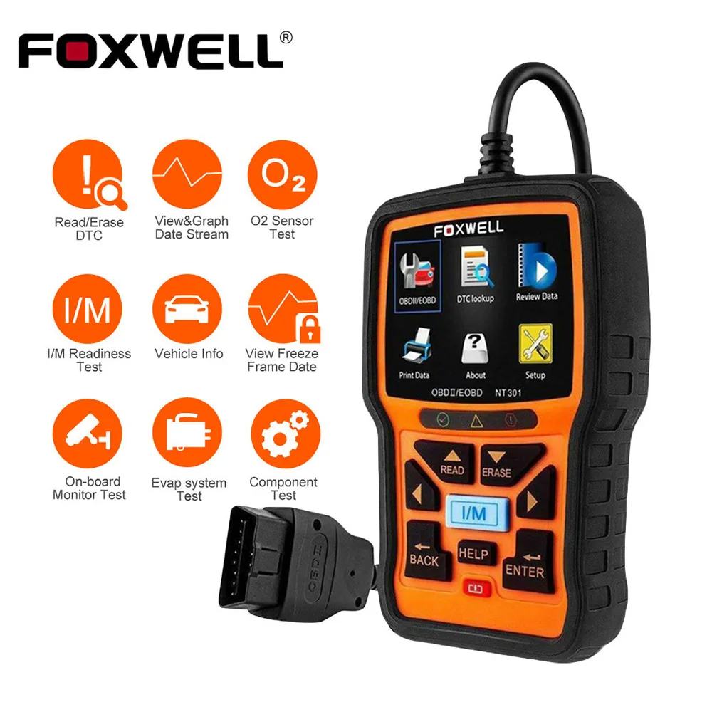 Автоматический сканер Foxwell NT301 OBD2 полнофункциональный считыватель кодов EOBD 12 В