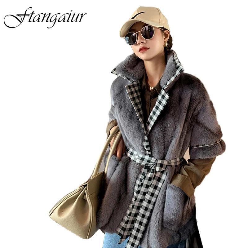 

Ftangaiur Winter Import Cross Velvet Mink Fur Coat Women Plaid Sashes Turn-Down Collar Short Natural Real Mink Fur Coats