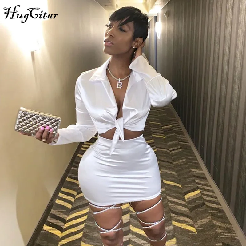 Hugcitar 2019 long sleeve satin V-neck wrapped crop tops skirt 2 pieces set autumn winter women pure pink party streetwear track |