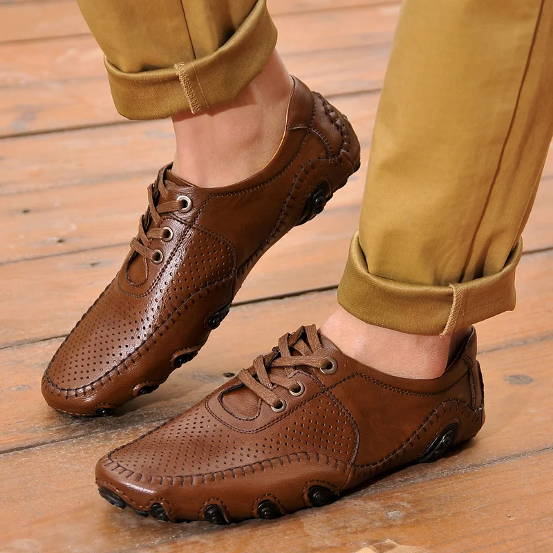 

Мужские лоферы, из натуральной кожи, дышащие, на плоской подошве, со шнуровкой