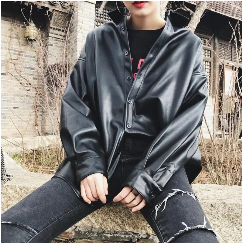 

Новинка 2020 осень зима женские кожаные куртки бойфренды верхняя одежда повседневные пуговицы оверсайз искусственная кожа Топы CL421