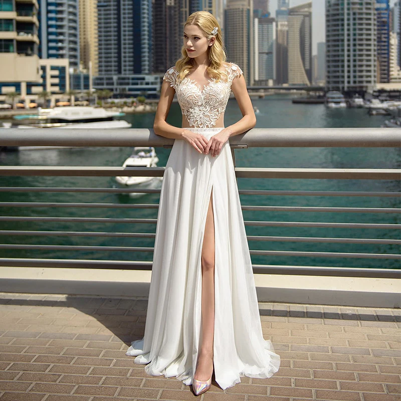 

Elegant A-line Chiffon Wedding Gowns 2021 High Quality O-neck Appliques Crystal Cap Sleeve Bridal Dress with Slit