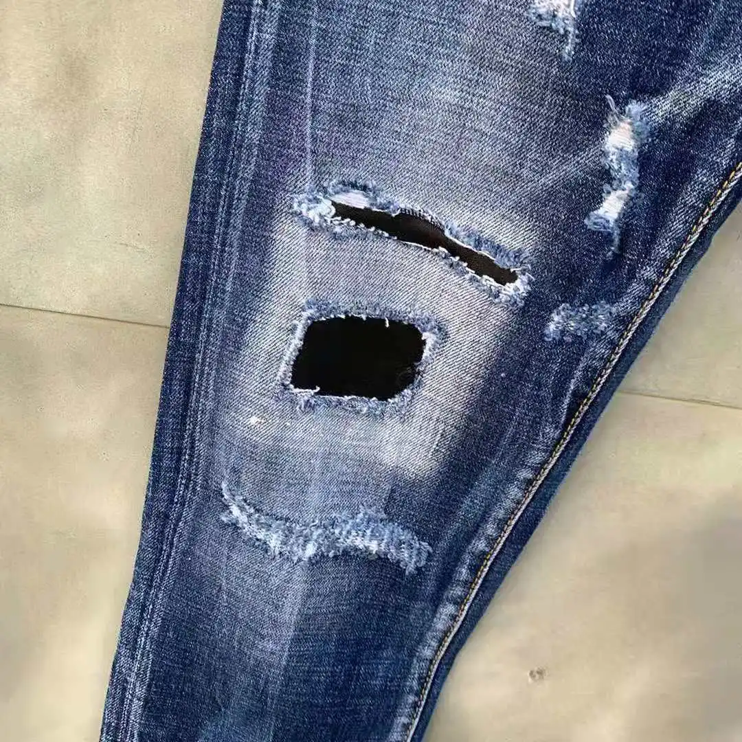 New DSQUARED2 Men/Women Washed Hole Patch Applique Elastic Button Hot Rhinestone Casual Jeans 005