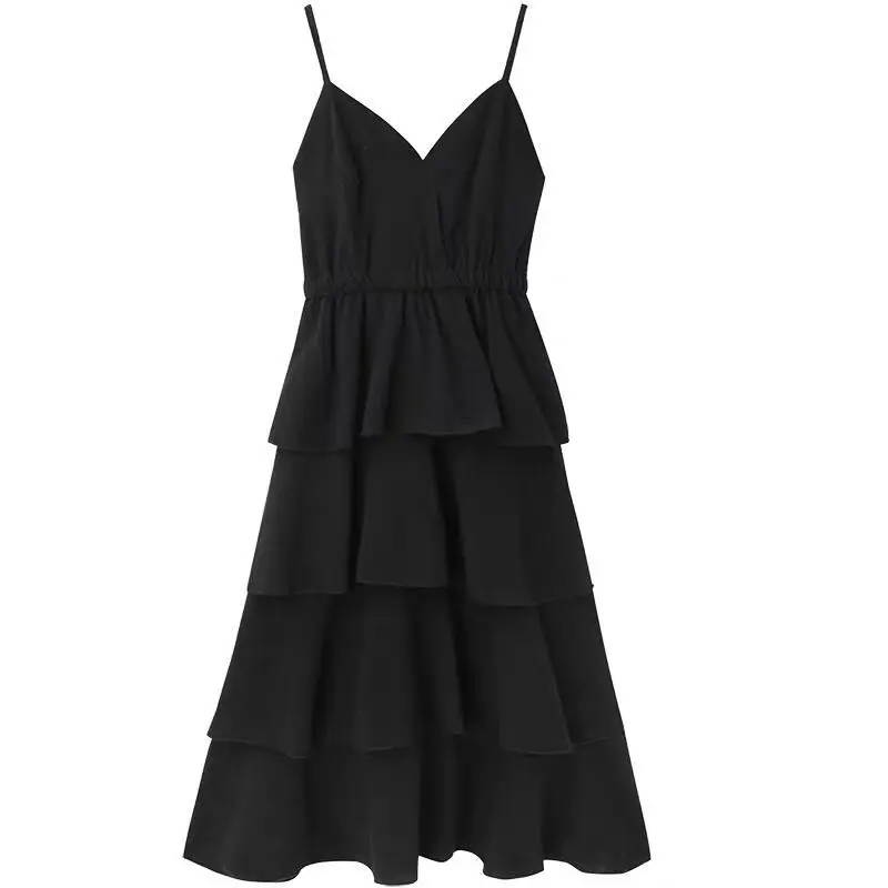 

Large Size Women's Clothing Summer New Strap V-neck Inner Dress Fat Girl Slimming over the Knee Retro Cake Skirt 200kg