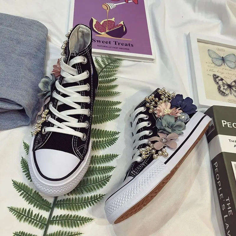 

Spring Autumn Women Canvas Shoes Women Floral Flats Student Casual Shoes High Top Woman Vulcanize Shoes