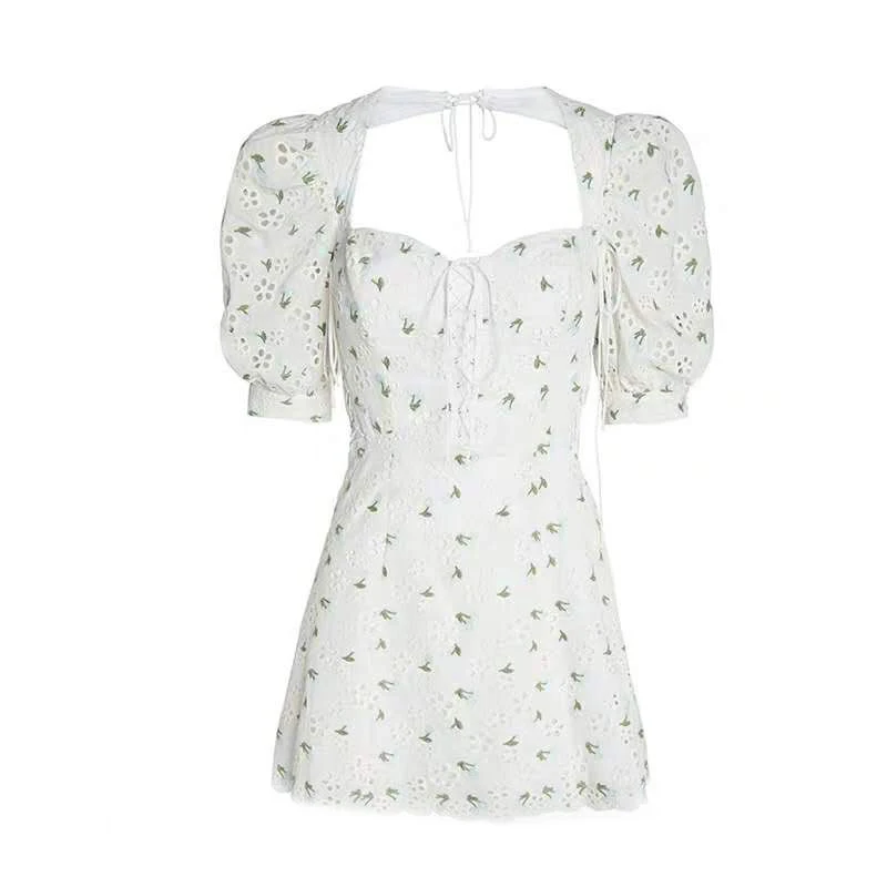 

VGH Vintage Floral Print Dress For Women Square Collar Puff Short Sleeve High Waist Backless Slim Mini Dresses Female 2021 Style