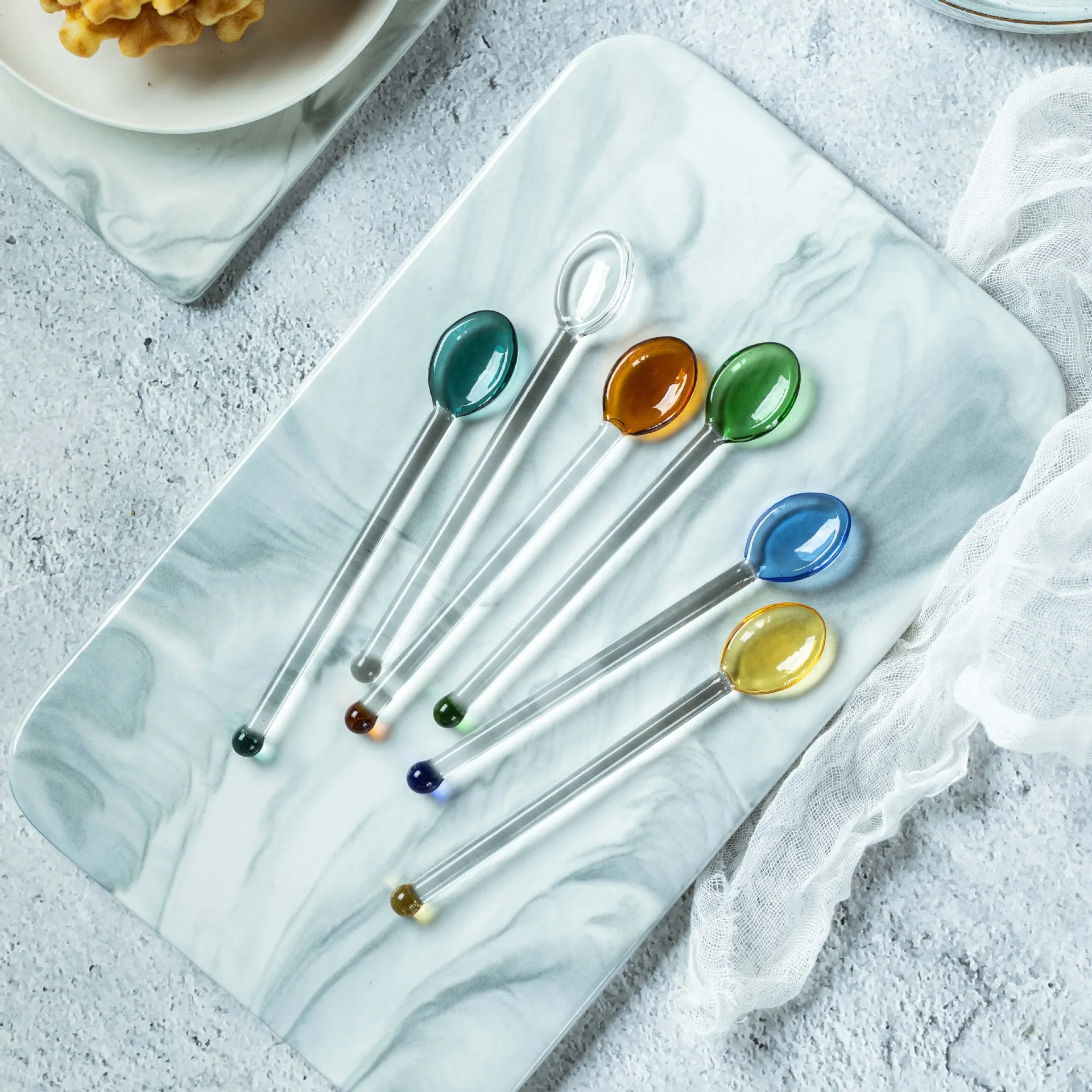 

6 Pieces High Borosilicate Yellow Amber Green Blue Teal Clear Color Glass Spoon Tea Coffee Suger Honey Spoons
