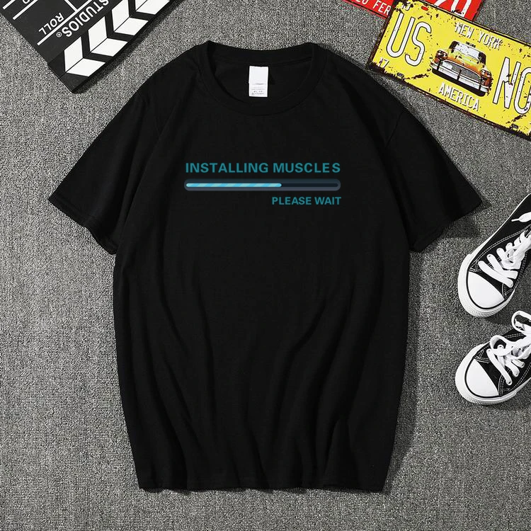 Fashion Funny Installing Muscles Please Wait Printed T-shirts Men Brand Loose T-shirt Summer Hipster O-neck Tops Tee | Мужская одежда