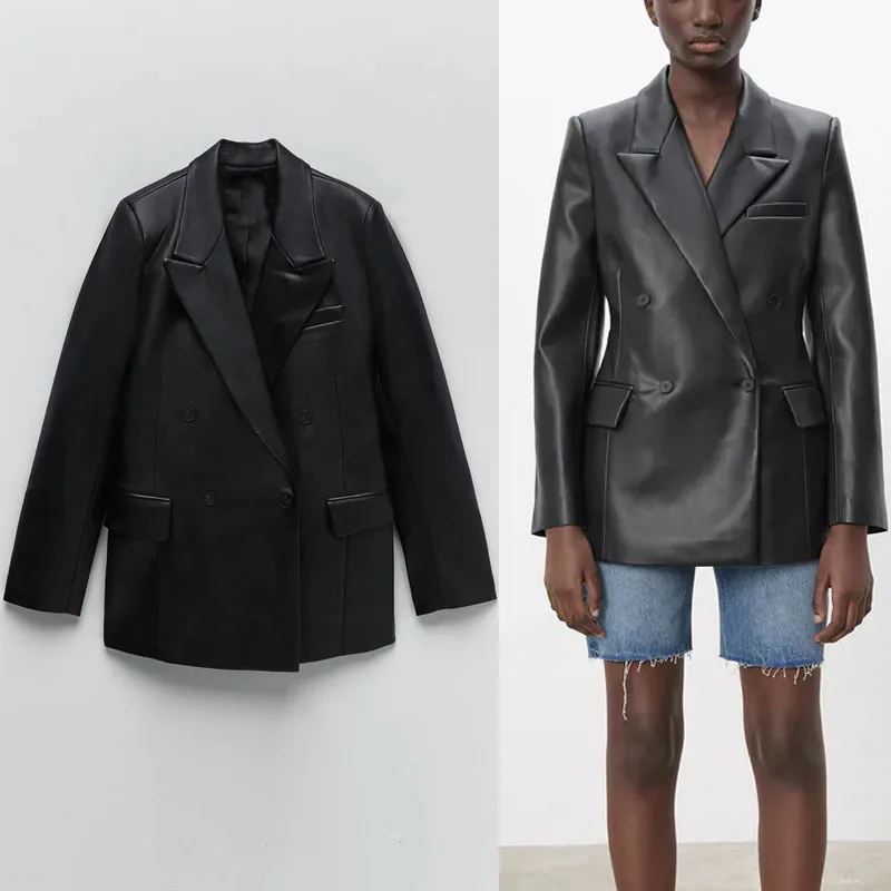 

Women Winter Black Leatherette Blazers Za 2021 Vintage Long Sleeve Double Breasted Pu Leather Blazer Femal Office Lady Outerwear