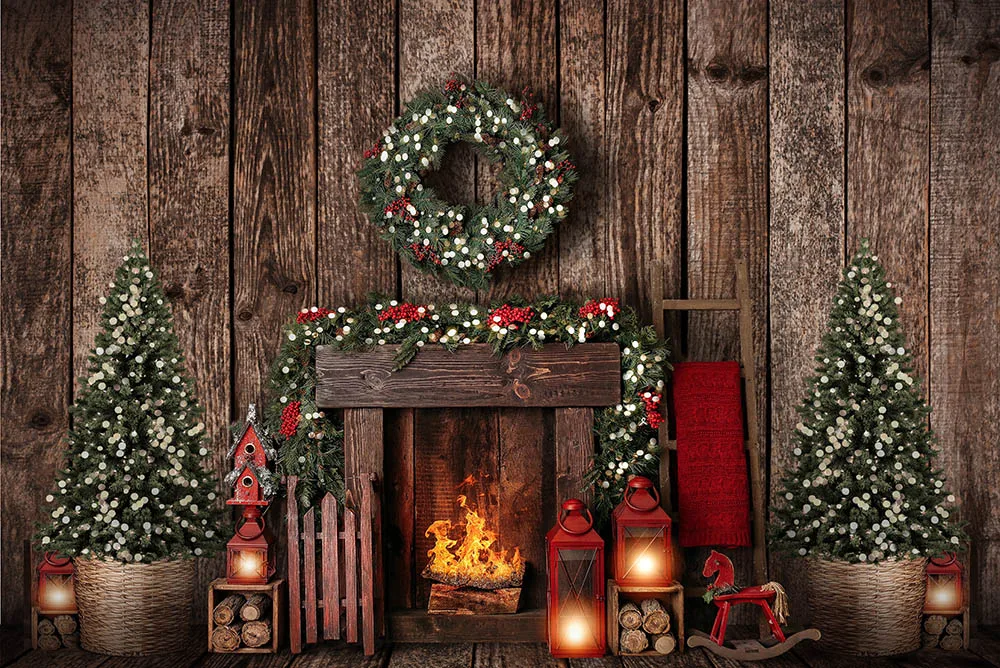 

Mehofond Merry Christmas Photography Background Christmas Tree Fireplace Vintage Wooden Wall Wreath Backdrop Decor Photo Studio