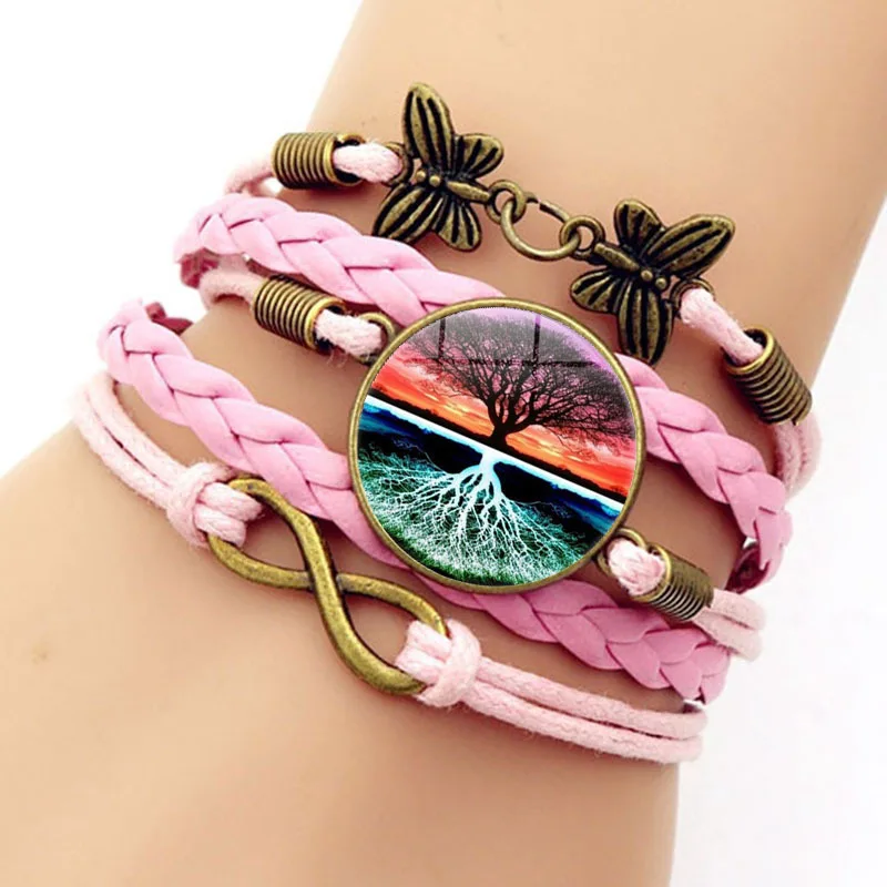 

Art Tree of Life Glass Cabochon Multilayer Woven Leather Bracelet Simple Tree of Life DIY Style Painting Bracelet Ladies Gift