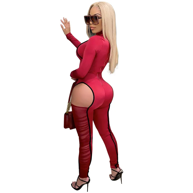 Solid Color Stitching Mesh Jumpsuit Sexy Long-sleeved Contrast Color Jumpsuit Europe and America Women's Clothing