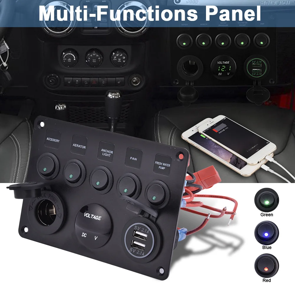 

Auto Dual USB 4.2A Socket Charger LED Volt meter 12V Power Outlet 5 Gang ON-OFF Toggle Switch Panel For Car Boat Marine RV Truck