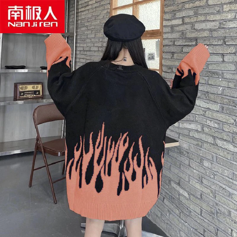 

Nanjiren Men Clothing Men Pullovers O-neck Casual Flame Print Warm Long Sleeves Polyester Thick Men Sweater