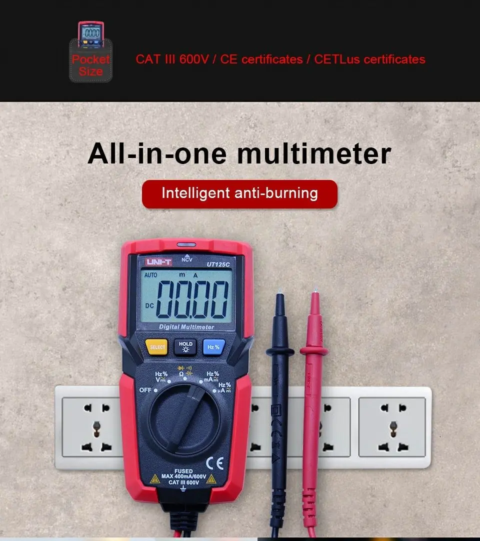 UNI-T UT125C цифровой мультиметр AC DC Напряжение измеритель тока Сопротивление Емкость Частота тестер NCV диод тест непрерывность