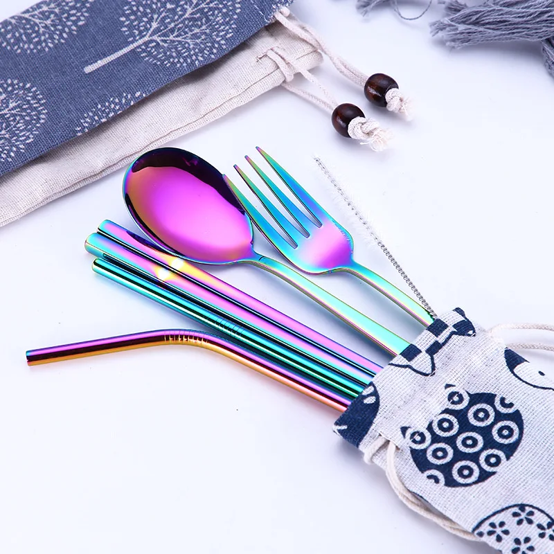 

Color tableware set chopsticks fork spoon straw brush beckoning cat fortune tree burlap bag 304 stainless steel home kitchen