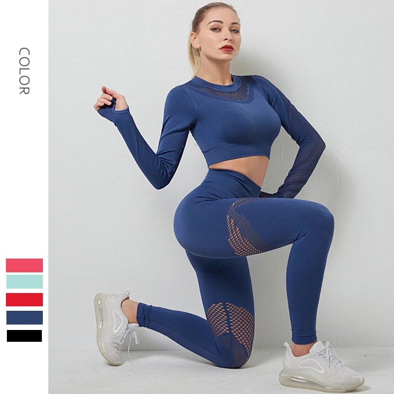 

Women's Seamless Hollow Exposed Yoga Set Long Sleeve Shirts+Fitness Leggings Tracksuit For Running Workout 2 Piece Clothes